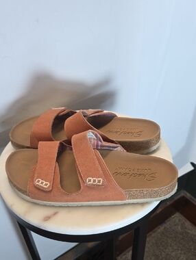 Skechers Women's Rust Faux Suede Double-Strap Cork Slide Sandals